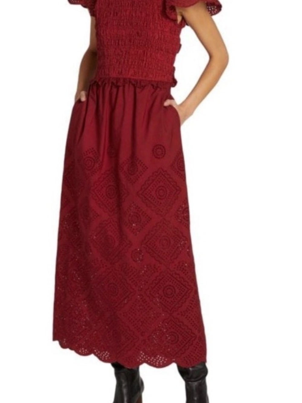 SEA Vivienne Eyelet Smocked Midi dress